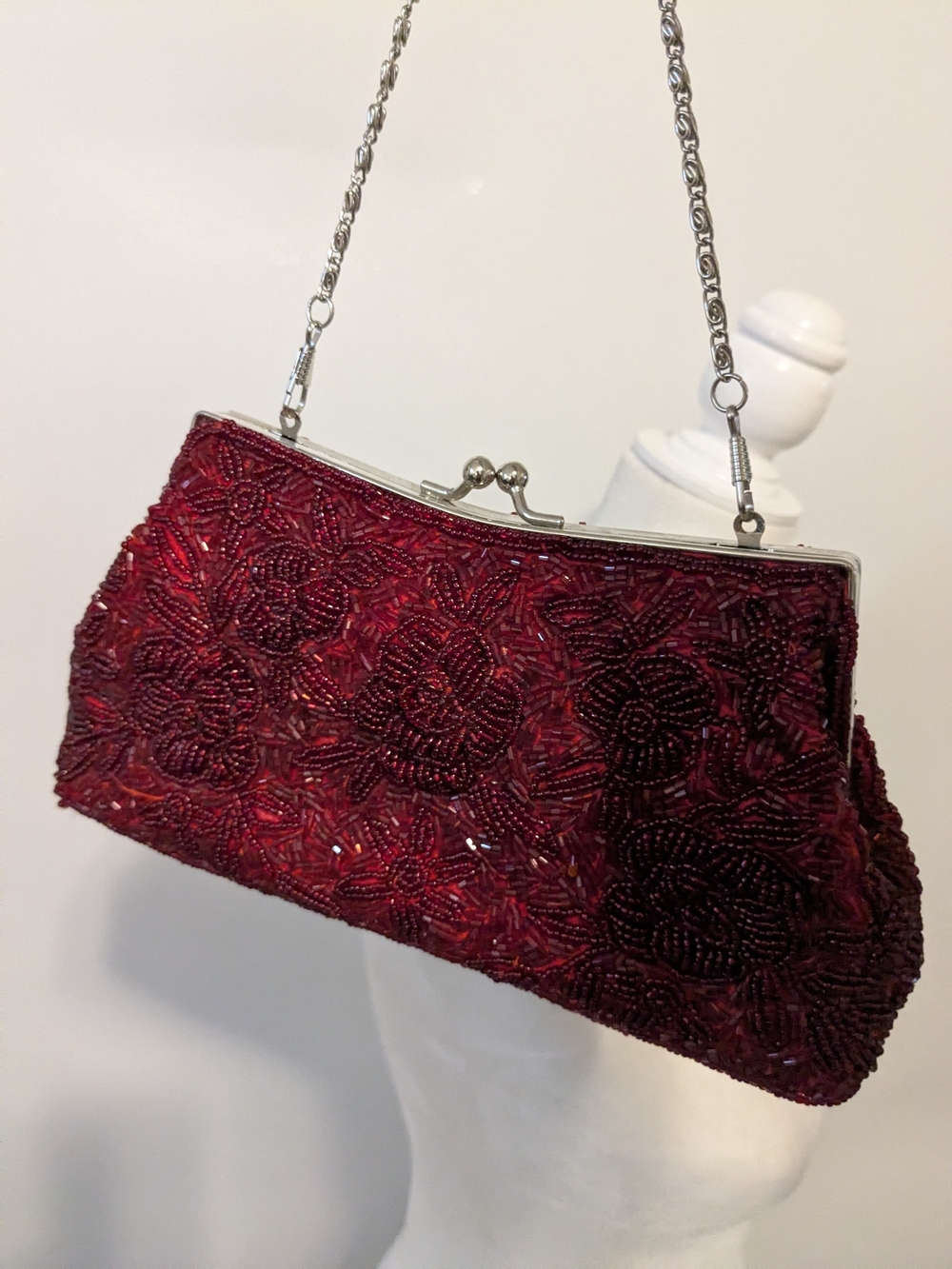Vintage Red Beaded Floral Evening Clutch with Silver Frame